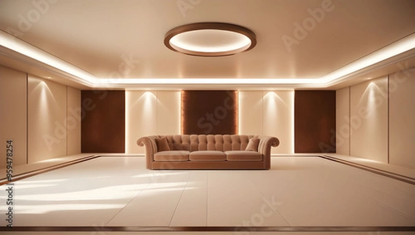 Fototapeta  A majestic 3D rendering of a expansive living room, bathed in soft, warm light, with a predominantly beige and white color palette