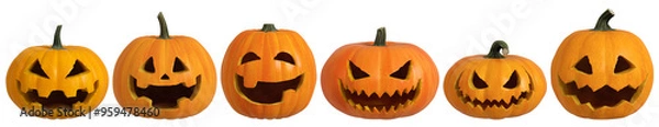 Obraz Group of 3D isolated Halloween Pumpkin with face cutout and transparent background