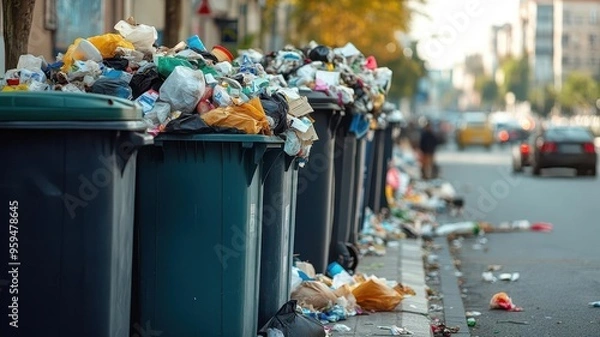 Fototapeta Garbage spilling from overflowing bins in a busy area, photorealistic, urban litter problem, environmental concern, waste management issue