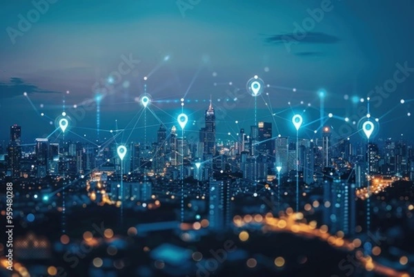 Fototapeta Cityscape with Digital Network Connections