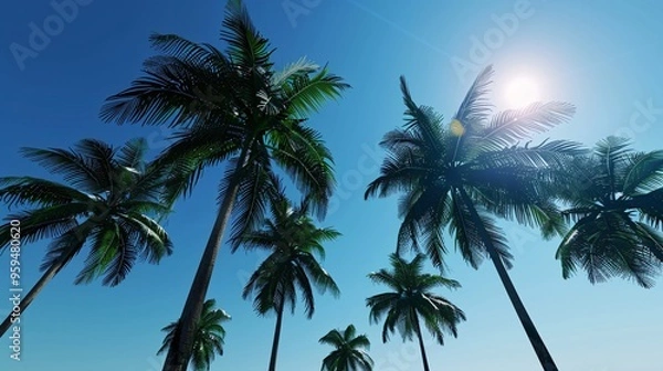 Fototapeta A stunning view of tall palm trees silhouetted against a clear blue sky, with their fronds swaying gently in the breeze. The scene is serene and tropical