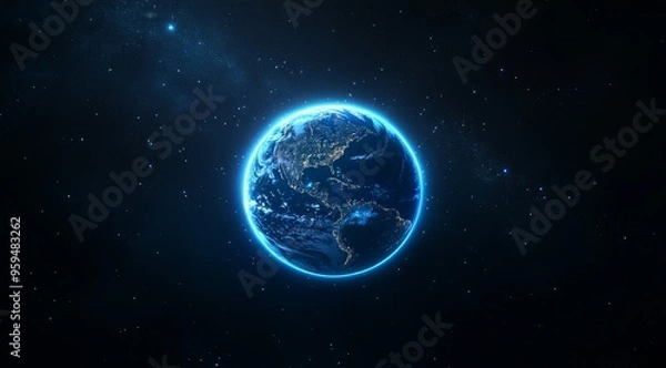 Fototapeta A vibrant blue Earth, seen from space, against a dark background of stars.