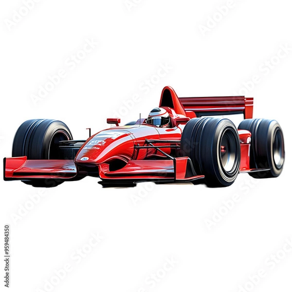Fototapeta Red Formula One Race Car Moving Quickly Around the Track on a Transparent Background, PNG