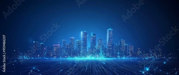 Fototapeta Futuristic city skyline with glowing digital lines in a blue background.