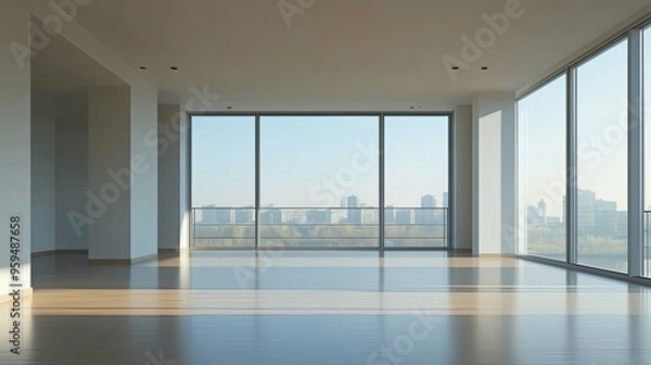 Fototapeta Empty Room with Large Window Offering City View