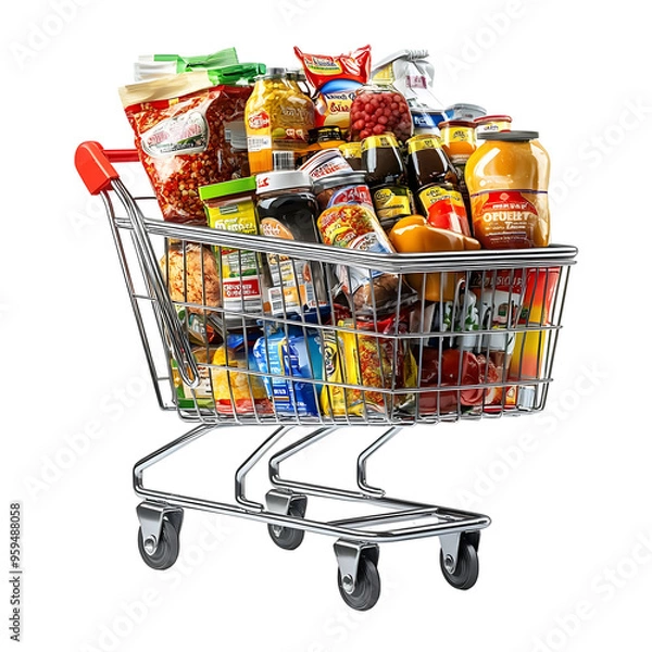 Fototapeta A full shopping cart filled with various food products isolated on a transparent background