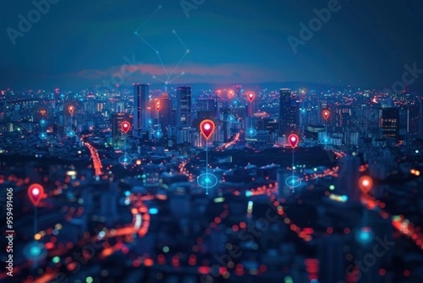 Obraz Cityscape with glowing location markers