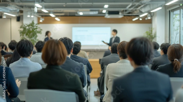 Fototapeta セミナー・研修・講義・授業をしている会場のシーン。たくさんのアジア人が参加している。