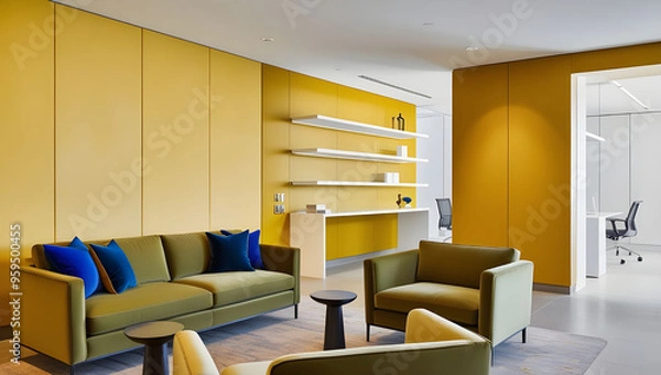 Fototapeta Book loft with yellow wall, 3D rendering