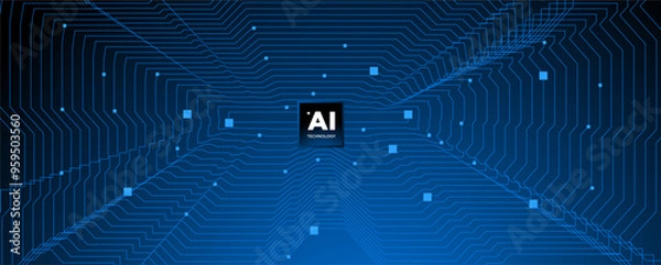 Fototapeta Abstract AI circuit board background. Technology connected blue lines with electronics elements on tech. Computer motherboard with a chip, processor, and semiconductor. Digital vector illustration