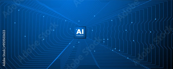 Fototapeta Abstract AI circuit board background. Technology connected blue lines with electronics elements on tech. Computer motherboard with a chip, processor, and semiconductor. Digital vector illustration
