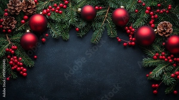 Fototapeta Merry Christmas and Happy New Year festive colorful composition. Christmas background. Xmas banner and holiday poster