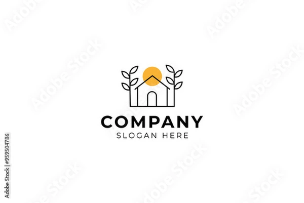 Fototapeta Minimalist house logo in sunlight and trees in line art design
