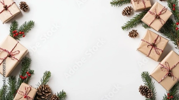 Fototapeta Merry Christmas and Happy New Year festive colorful composition. Christmas background. Xmas banner and holiday poster