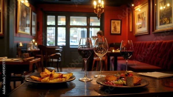 Fototapeta A cozy lounge with deep red tones and a selection of fine wines and tapas