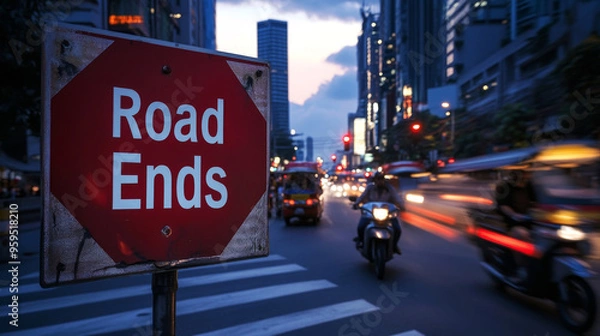 Fototapeta A "Road Ends" sign near a busy Bangkok intersection during rush hour, with motorcycles and tuk-tuks passing by
