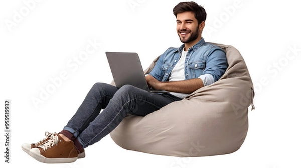 Fototapeta Young Man Sitting In A Bean Bag Chair Working On His Laptop And Smiling Isolated On Transparent Background.