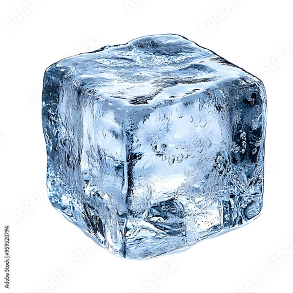 Fototapeta A single, clear ice cube with a frosted surface and a slight blue tint, isolated against a transparent background.