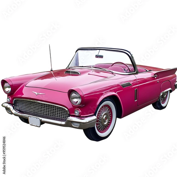 Fototapeta Classic Pink Convertible Car with Chrome Trim and Whitewall Tires Isolated on a Transparent Background