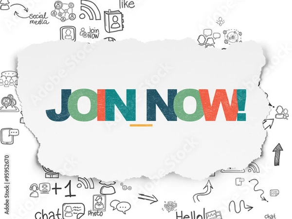 Fototapeta Social network concept: Join now! on Torn Paper background