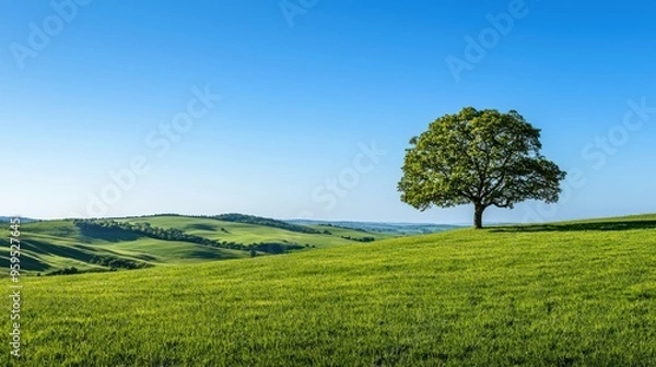 Fototapeta A lone tree on the distant horizon of rolling green hills, under a cloudless blue sky, copy space