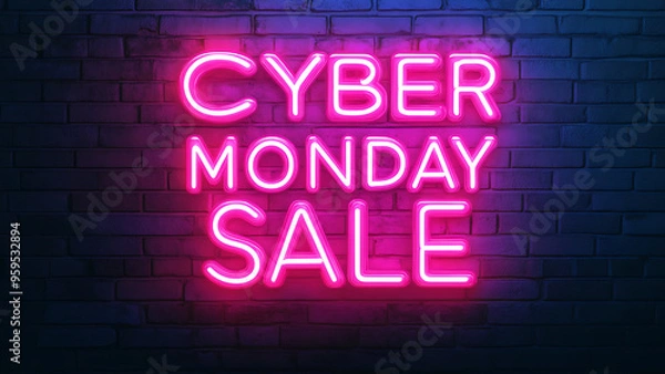 Fototapeta A pink neon sign that says "Cyber Monday Sale" against a brick wall.