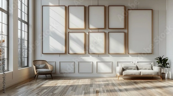 Fototapeta Various empty frames hanging on a white wall, modern interior decoration