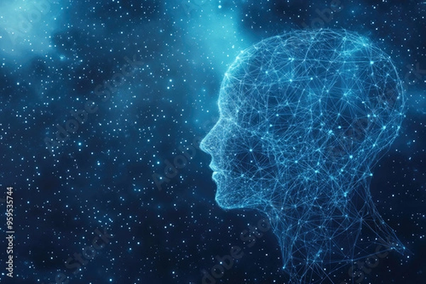 Fototapeta Artificial intelligence concept with a human head made of connecting lines and dots representing the neural network, symbolizing the future of ai