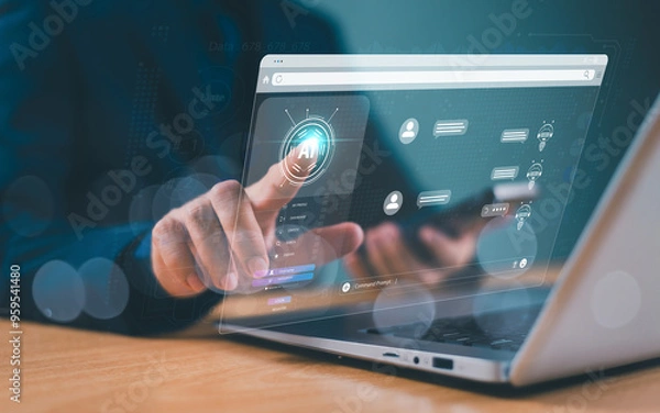 Obraz Chatbot artificial intelligent concept, digital customer service application. Man use computer mobile application with artificial intelligence, chat bot assistant online conversion to help business