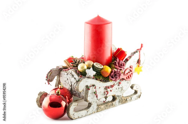 Obraz Weihnachtsschlitten mit Kerze und Kugeln