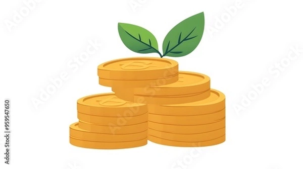 Obraz Green plant growing from a stack of gold coins, symbolizing financial growth, sustainability, and investment, isolated on a white background, ideal for economic and ecological concepts