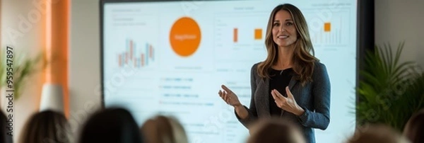 Obraz A confident woman engages her all-female audience, sharing insights and data during a compelling presentation in a contemporary conference space