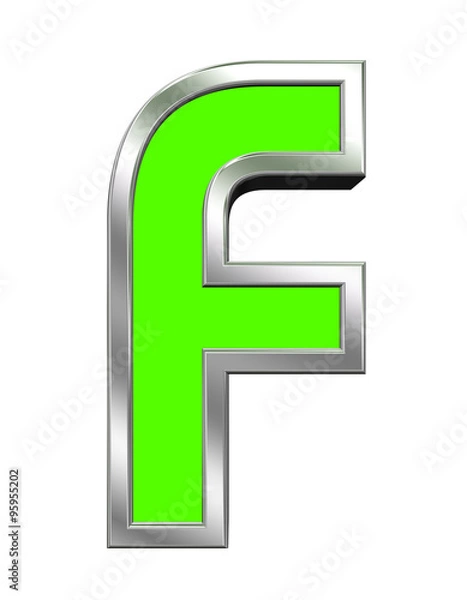 Fototapeta One letter from green with chrome frame alphabet set, isolated on white. Computer generated 3D photo rendering.