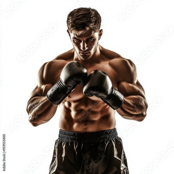 Fototapeta a american muscle man who won the boxing championship, ready fight pose, isolated white background