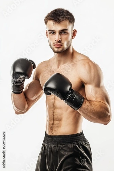 Fototapeta Portrait of a Europe boxer in a pose ready to fight on white background