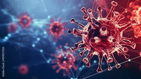 Fototapeta Close-up view of virus cells in red and blue tones highlighting molecular structure