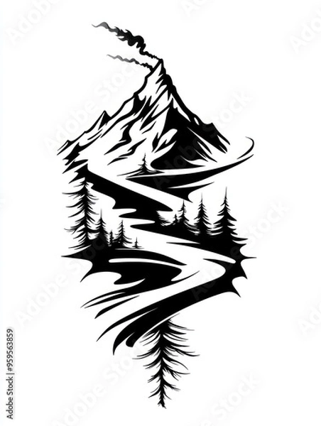 Fototapeta Black and white line art illustration of a mountain range with a winding road through the forest.