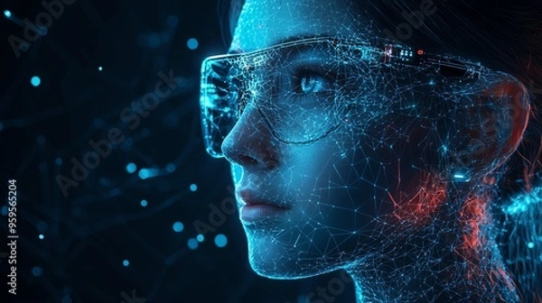 Obraz A woman's face is made of digital particles, she wears futuristic glasses and stares intensely.  A futuristic concept of digital identity.