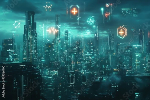 Fototapeta A futuristic cityscape with floating healthcare symbols, representing the innovative advancements in healthcare delivery and access.