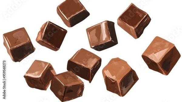 Fototapeta Delicious chocolate cubes isolated on a white background, perfect for easy color editing, ideal for dessert, confectionery, and food-related designs in a clean and minimalistic style