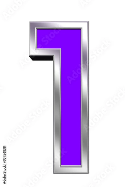 Fototapeta One digit from purple with chrome frame alphabet set, isolated on white. Computer generated 3D photo rendering.