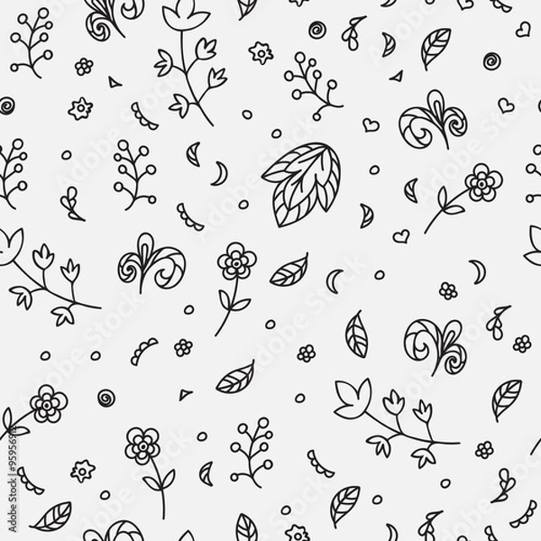 Fototapeta Floral texture. Doodle seamless pattern. Abstract flowers and elements on the light gray background. Vector illustration. Decorative card. 