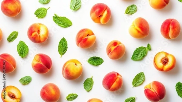 Fototapeta A vibrant arrangement of peaches and mint leaves on a white background.