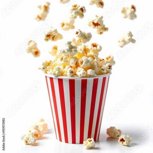 Fototapeta Fresh Popcorn in a Striped Bucket with Popped isolated on white background 4