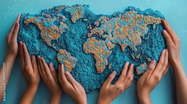 Fototapeta Diverse hands holding world map symbolizing unity, compassion, and global humanitarian support for World Humanitarian Day and global aid