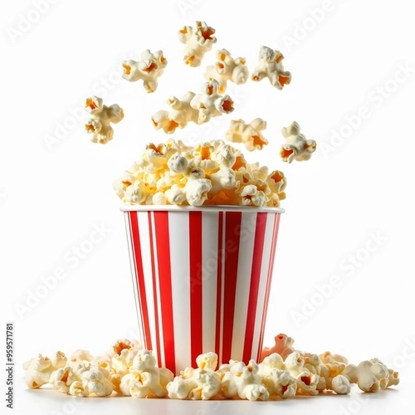 Fototapeta Fresh Popcorn in a Striped Bucket with Popped isolated on white background 1