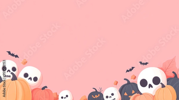 Fototapeta This Halloween-themed flat vector background showcases a charming border of pumpkins and skulls. The design is minimalist, with a cute, cartoonish clipart style. Set against a pink background, the