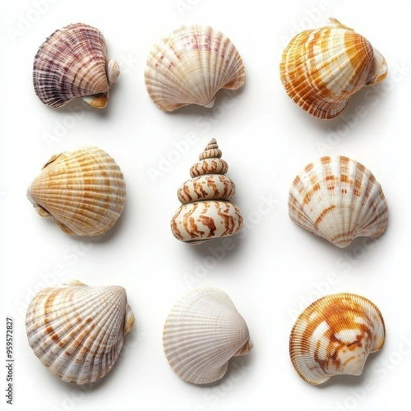 Fototapeta A collection of beautiful seashells showcasing diverse shapes and colors, perfect for nature-themed projects and decor.
