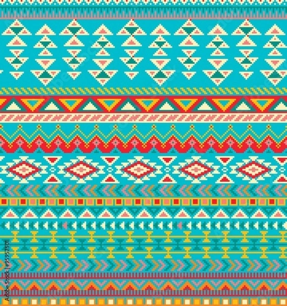 Fototapeta Bright seamless background with pixel pattern in aztec geometric tribal style. Vector illustration. Pantone colors.