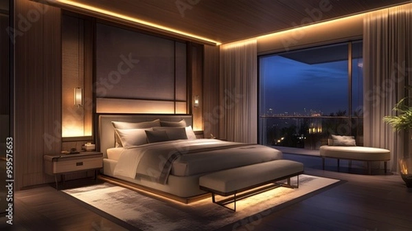 Fototapeta A cozy modern luxury bedroom with a large bed, soft lighting, and luxurious fabrics, creating a serene retreat
